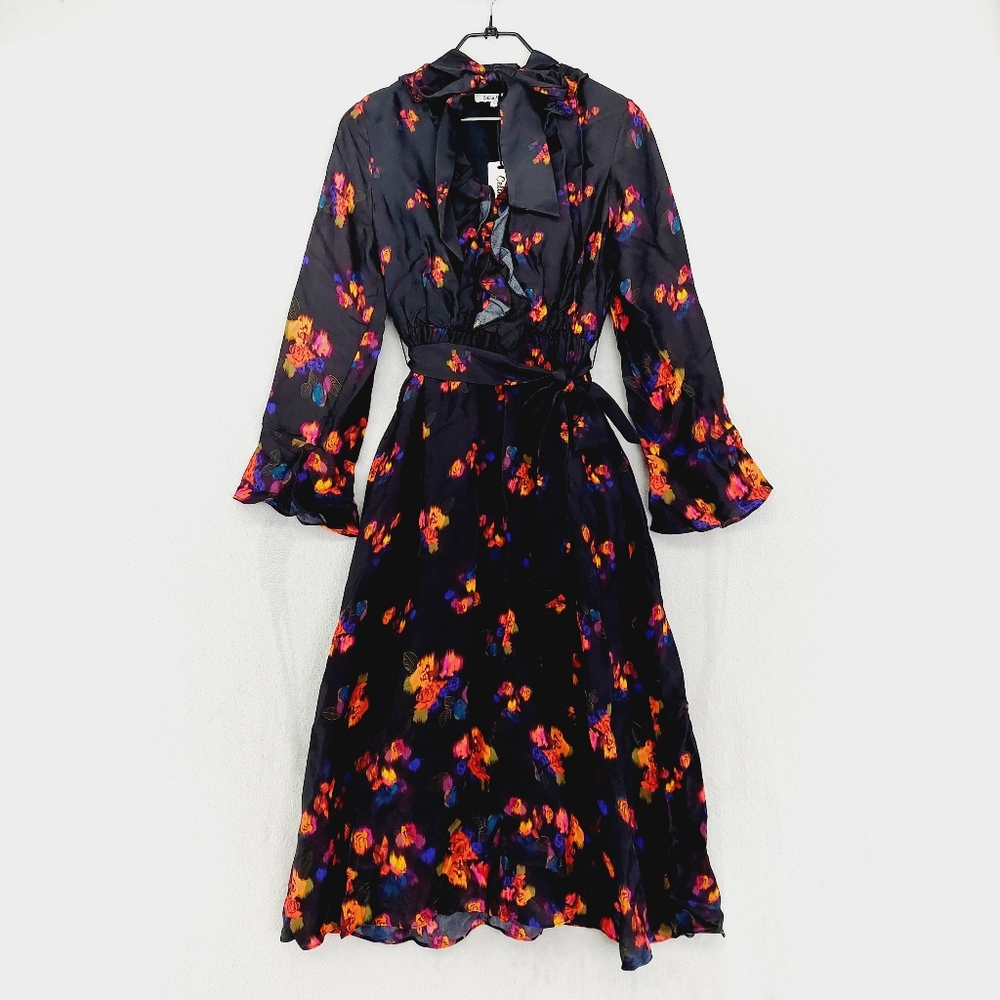 NEW CELINA MOON Coralie Black Abstract Tie Waist & Neck Midi Dress P4408